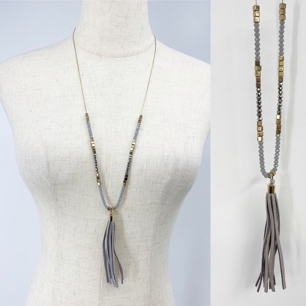 Gorjana gold tone leather tassel pendant necklace purple‎ beads/tassel